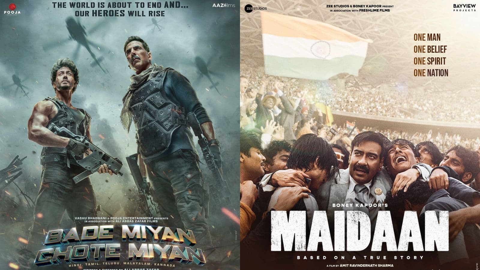 Poster image of the movie: Bade Miyan Chote Miyan", featuring Akshay Kumar and Tiger Shroff, alongside Ajay Devgn's "Maidaan", both slated for an April 11 premiere.