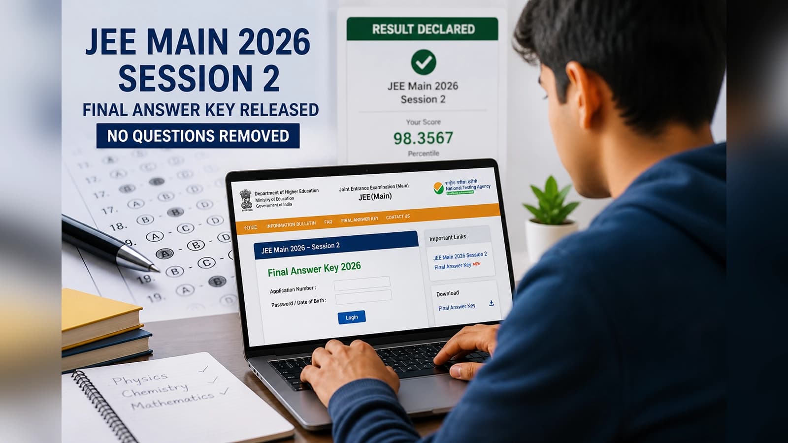 JEE Main 2026 Session 2 final answer key released at jeemain.nta.nic.in; no questions dropped