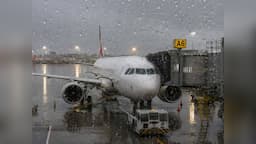 Aircraft operations disrupted at Delhi airport amid heavy rain and thunderstorms on Aug. 24, 2026.