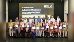 SRM University-AP Vice-Chancellor and university leadership felicitating faculty members recognised among the World’s Top 2% Scientists.