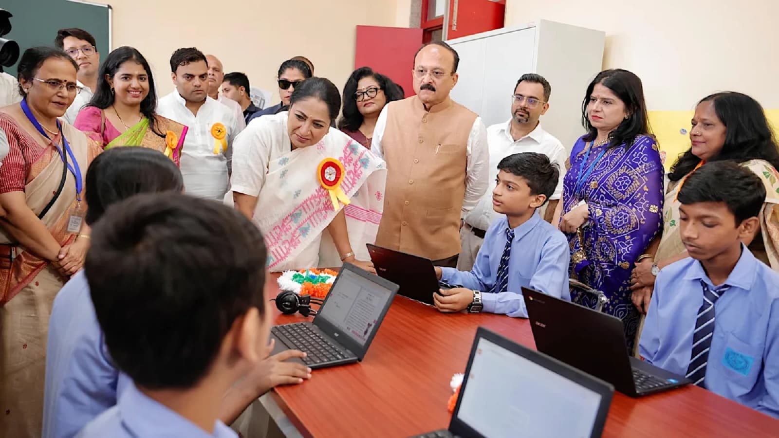 Delhi CM Rekha Gupta at the inauguration of a new government school and technical training projects in Delhi.